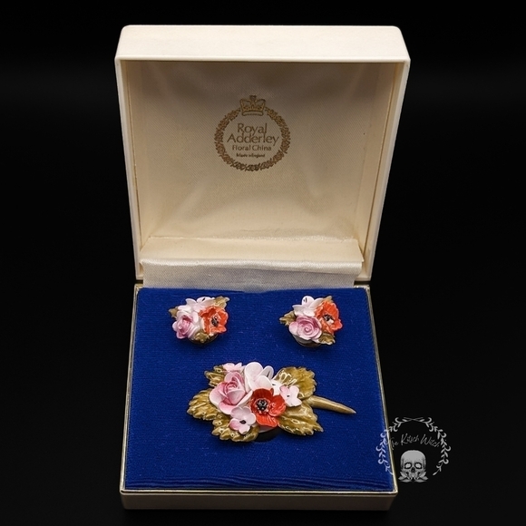 Vintage Jewelry - Vintage Royal Adderley England Floral Fine Bone China Brooch and Earrings Set